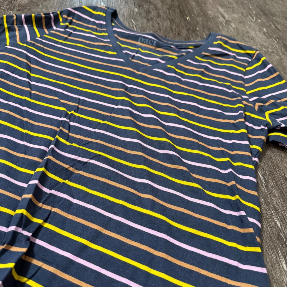 Pact T-Shirt Womens Medium Navy Blue Multi-Color Striped Organic Cotton V-Neck - Picture 2 of 4